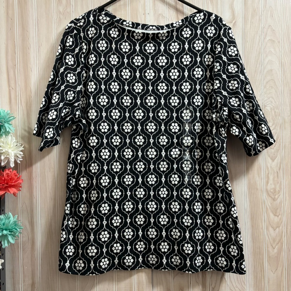 NWT Charter Club Luxury Pima Cotton Boatneck Elbow Sleeve Top Black White 1X